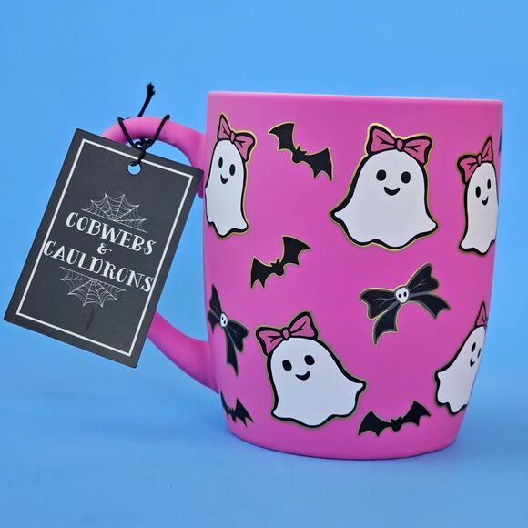 Hot Pink Ghost Halloween Mug Soft Touch Bats Bows Cobwebs & Cauldrons Coffee Cup - Picture 2 of 14